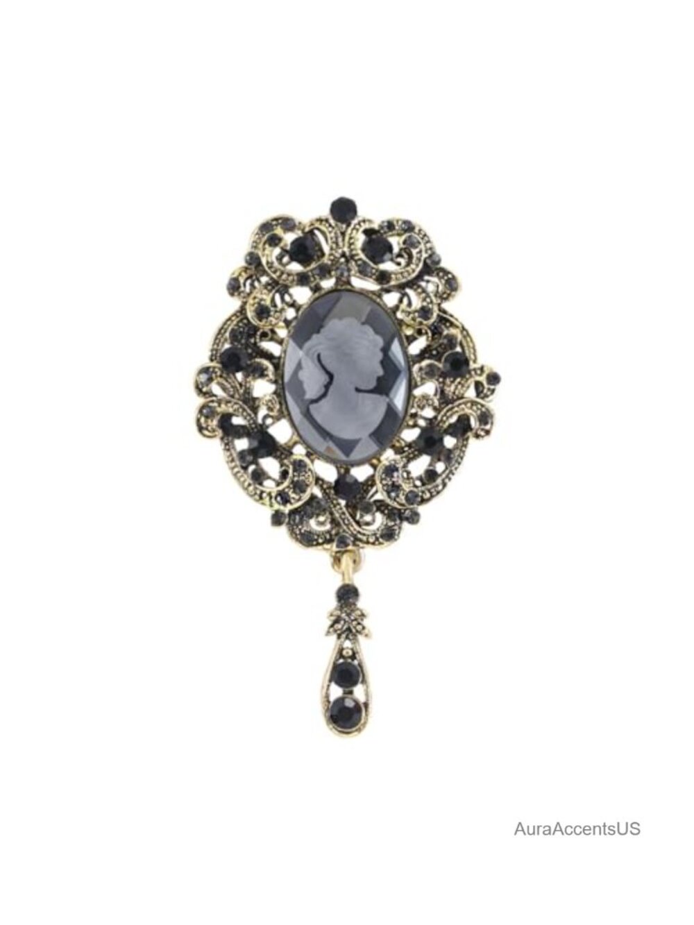 Victorian Cameo Brooch Lapel Pin Dangling Rhinestone Antique Finish